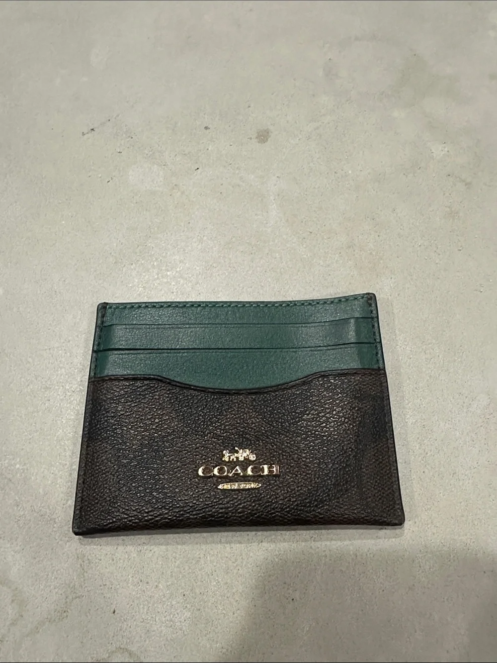 Coach Two-Tone Leather Card Holder in Brown and Green